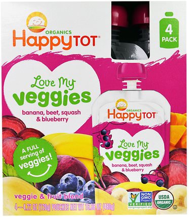 HappyTot, Love My Veggies, Banana, Beet, Squash & Blueberry, 4 Pouches, 4.22 oz (120 g) Each by Nurture (Happy Baby), 兒童健康，兒童食品 HK 香港