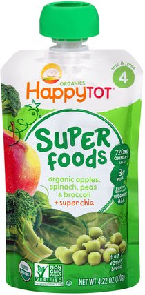 Happytot, Organic Superfoods, Apples, Spinach Peas & Broccoli + Super Chia, 4.22 oz (120 g) by Nurture (Happy Baby), 兒童健康，嬰兒餵養，食物，兒童食品 HK 香港