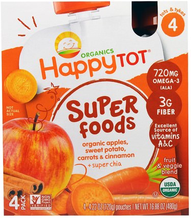 HappyTot, SuperFoods, Organic Apples, Sweet Potato, Carrots & Cinnamon + Superchia, 4 Pouches - 4.22 oz (120 g) Each by Nurture (Happy Baby), 兒童健康，兒童食品 HK 香港