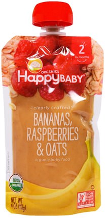 Organic Baby Food, Stage 2, Clearly Crafted, Bananas, Raspberries & Oats, 6+ Months, 4 oz (113 g) by Nurture (Happy Baby), 兒童健康，嬰兒餵養，食物，兒童食品 HK 香港