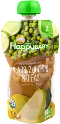 Organic Baby Food, Stage 2, Clearly Crafted, Pears, Zucchini & Peas, 6+ Months, 4.0 oz (113 g) by Nurture (Happy Baby), 兒童健康，嬰兒餵養，食物，兒童食品 HK 香港