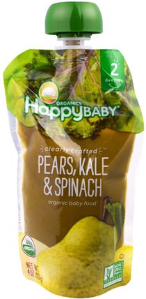 Organic Baby Food, Stage 2, Clearly Crafted, 6+ Months, Pears, Kale & Spinach, 4.0 oz (113 g) by Nurture (Happy Baby), 兒童健康，嬰兒餵養，食物，兒童食品 HK 香港