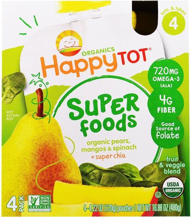 Organic HappyTot, Superfoods, Organic Pears, Mango & Spinach + Super Chia, Stage 4, 4 Pack, 4.22 oz (120 g) Each by Nurture (Happy Baby), 兒童健康，兒童食品 HK 香港