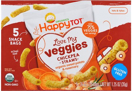 Organics Happy Tot, Love My Veggies, Chickpea Straws Snack Bags, Organic Sweet Potato & Rosemary, 5 Bags, 0.25 oz (7 g) Each by Nurture (Happy Baby), 兒童健康，嬰兒餵養，嬰兒零食和手指食物 HK 香港