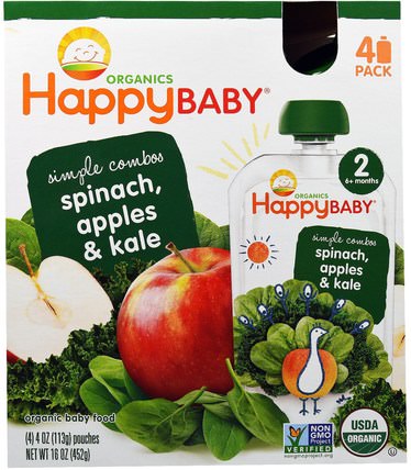 Organic Baby Food, Stage 2, Simple Combos, Spinach, Apples & Kale, 4 Pouches, 4 oz (113 g) Each by Nurture (Happy Baby), 兒童健康，兒童食品 HK 香港