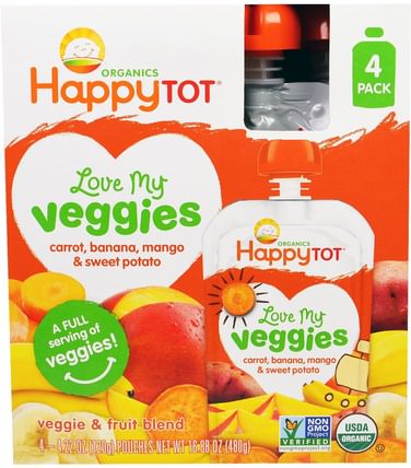 Organics, Love My Veggies, Carrot, Banana, Mango & Sweet Potato, 4 Pouches - 4.22 oz (120 g) Each by Nurture (Happy Baby), 兒童健康，兒童食品 HK 香港