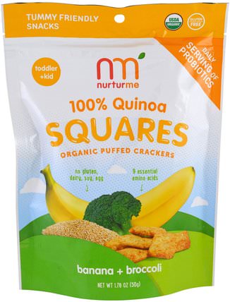 100% Quinoa Squares, Organic Puffed Crackers, Banana + Broccoli, 1.76 oz (50 g) by NurturMe, 兒童健康，嬰兒餵養，嬰兒零食和手指食品，幼兒零食，兒童食品 HK 香港