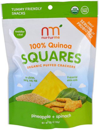 100% Quinoa Squares, Organic Puffed Crackers, Pineapple + Spinach, 1.76 oz (50 g) by NurturMe, 兒童健康，嬰兒餵養，嬰兒零食和手指食品，幼兒零食，兒童食品 HK 香港