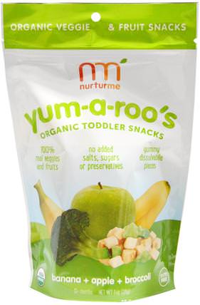 Organic Toddler Snacks, Yum-A-Roos, Banana + Apple + Broccoli, 1 oz (28 g) by NurturMe, 兒童健康，嬰兒餵養，嬰兒零食和手指食品，幼兒零食，兒童食品 HK 香港