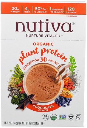 Organic Plant Protein, Chocolate Flavor, 10 Packets, 1.2 oz (34 g) Each by Nutiva, 補充劑，蛋白質 HK 香港