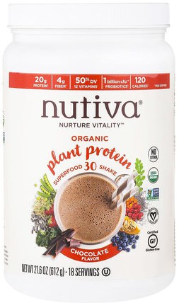 Organic Plant Protein, Chocolate Flavor, 21.6 oz (612 g) by Nutiva, 補充劑，蛋白質 HK 香港