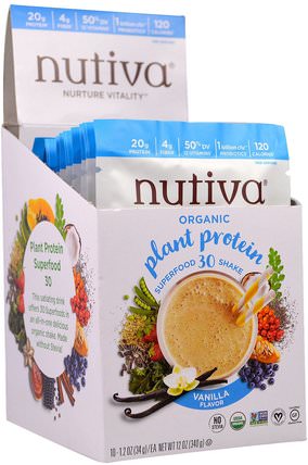 Organic Plant Protein, Vanilla Flavor, 10 Packets, 1.2 oz (34 g) Each by Nutiva, 補充劑，蛋白質 HK 香港