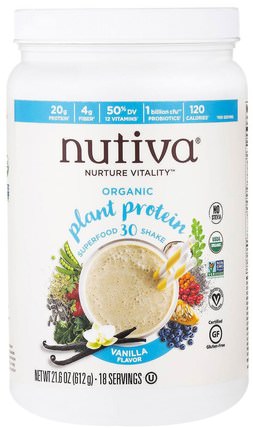 Organic Plant Protein, Vanilla Flavor, 21.6 oz (612 g) by Nutiva, 補充劑，蛋白質 HK 香港