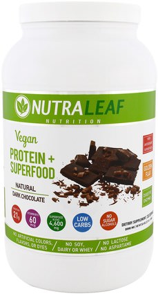 Vegan Protein + Superfood, Natural Dark Chocolate, 35.4 oz (1005 g) by NutraLeaf Nutrition, 補品，超級食品，運動 HK 香港