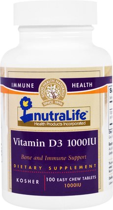 Vitamin D3, 1000 IU, 100 Easy Chew Tablets by NutraLife, 維生素，維生素D3 HK 香港