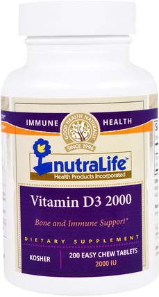 Vitamin D3, 2000 IU, 200 Easy Chew Tablets by NutraLife, 維生素，維生素D3，骨骼，骨質疏鬆症 HK 香港