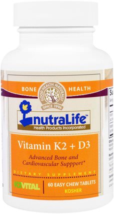 Vitamin K2 + D3, 60 Easy Chew Tablets by NutraLife, 維生素，維生素D3 HK 香港