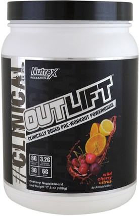 Clinical Edge, Outlift, Pre-Workout Powerhouse, Wild Cherry Citrus, 17.8 oz (506 g) by Nutrex Research Labs, 運動，鍛煉，肌肉 HK 香港