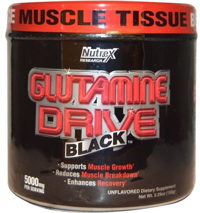 Glutamine Drive, Black, Unflavored, 5000 mg, 5.29 oz (150 g) by Nutrex Research Labs, 補充劑，氨基酸，l谷氨酰胺粉末，運動 HK 香港