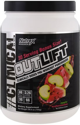 Outlift, Clinically Dosed Pre-Workout Powerhouse, Apple Watermelon, 26.8 oz (759 g) by Nutrex Research Labs, 健康，能量，運動 HK 香港