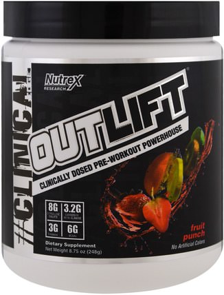 Outlift, Clinically Dosed Pre-Workout Powerhouse, Fruit Punch, 8.75 oz (248 g) by Nutrex Research Labs, 健康，能量，運動 HK 香港