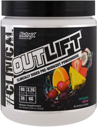Outlift, Clinically Dosed Pre-Workout Powerhouse, Miami Vice, 8.89 oz (252 g) by Nutrex Research Labs, 健康，能量，運動 HK 香港