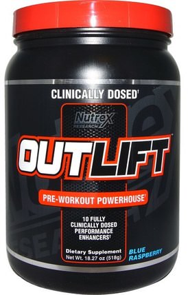 Outlift, Pre-Workout Powerhouse, Blue Raspberry, 18.27 oz (518 g) by Nutrex Research Labs, 運動，鍛煉，肌肉 HK 香港