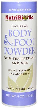 Natural Body & Foot Powder, Unscented, 4 oz (113 g) by NutriBiotic, 健康，皮膚，茶樹，茶樹製品，沐浴，美容，足部護理 HK 香港