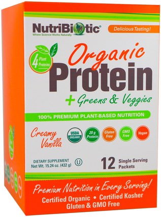 Organic Protein + Greens & Veggies, Creamy Vanilla, 12 Single Serving Packets, 1.26 oz (36 g) Each by NutriBiotic, 補充劑，蛋白質 HK 香港