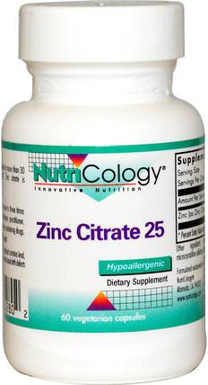 Zinc Citrate 25, 60 Veggie Caps by Nutricology, 補品，礦物質，鋅 HK 香港