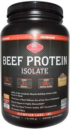Chocolate, 1 lb (456 g) by Olympian Labs Beef Protein Isolate, 補品，蛋白質，肌肉 HK 香港