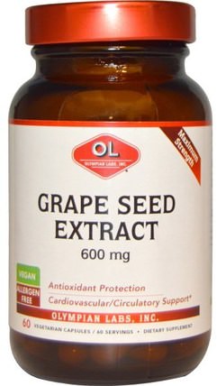 Maximum Strength, 600 mg, 60 Vegetarian Capsules by Olympian Labs Grape Seed Extract, 補充劑，抗氧化劑，葡萄籽提取物 HK 香港