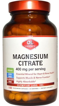 400 mg, 100 Veggie Caps by Olympian Labs Magnesium Citrate, 補充劑，礦物質，檸檬酸鎂 HK 香港