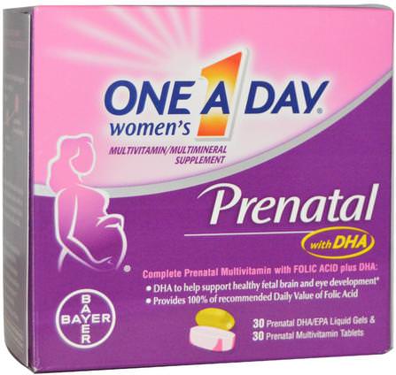 Womens Prenatal, with DHA, 2 Bottles, 30 Liquid Gels/30 Tablets by One-A-Day, 補充劑，efa omega 3 6 9（epa dha），dha，epa，維生素，產前多種維生素 HK 香港