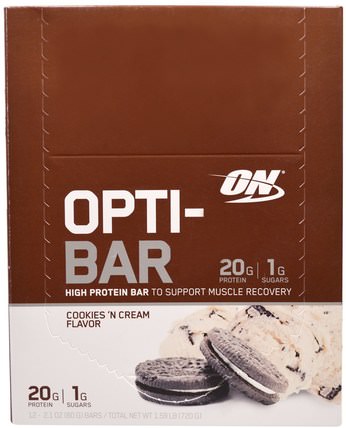 Opti-Bar High Protein Bar, Cookies n Cream, 12 Bars - 2.1 oz (60 g) Each by Optimum Nutrition, 體育 HK 香港