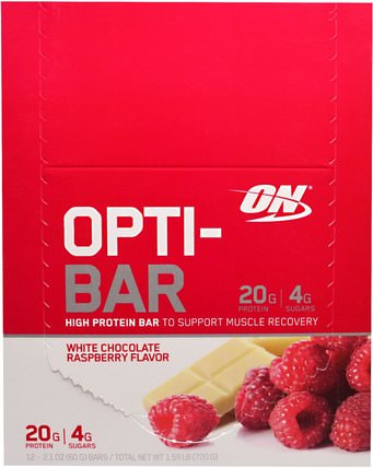 Opti-Bar High Protein Bar, White Chocolate Raspberry, 12 Bars, 2.1 oz (60 g) Each by Optimum Nutrition, 體育 HK 香港