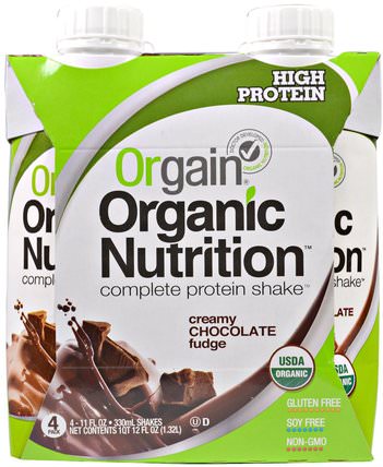 Organic Nutrition Complete Protein Shake, Creamy Chocolate Fudge, 4 Pack, 11 fl oz (330 ml) by Orgain, 補充劑，蛋白質飲料，蛋白質奶昔 HK 香港