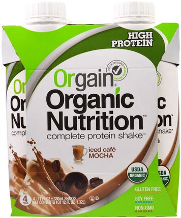 Organic Nutrition Complete Protein Shake, Iced Cafe Mocha, 4 Pack, 11 fl oz (330 ml) by Orgain, 補充劑，蛋白質飲料，蛋白質奶昔 HK 香港