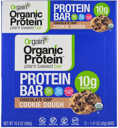 Organic Plant-Based Protein Bar, Chocolate Chip Cookie Dough, 12 Bars, 1.41 oz (40 g) Each by Orgain, 運動，蛋白質棒 HK 香港