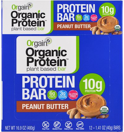 Organic Plant-Based Protein Bar, Peanut Butter, 12 Bars, 1.41 oz (40 g) Each by Orgain, 運動，蛋白質棒 HK 香港