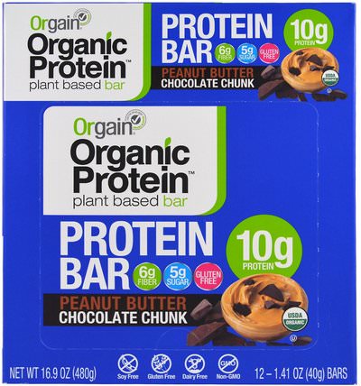 Organic Plant-Based Protein Bar, Peanut Butter Chocolate Chunk, 12 Bars, 1.41 oz (40 g) Each by Orgain, 運動，蛋白質棒 HK 香港
