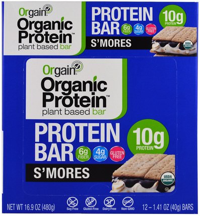 Organic Plant-Based Protein Bar, Smores, 12 Bars, 1.41 oz (40 g) Each by Orgain, 運動，蛋白質棒 HK 香港