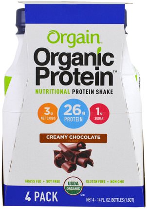 Organic Protein Nutritional Protein Shake, Creamy Chocolate Flavor, 4 Pack, 14 fl oz (414 ml) Each by Orgain, 補充劑，蛋白質飲料 HK 香港