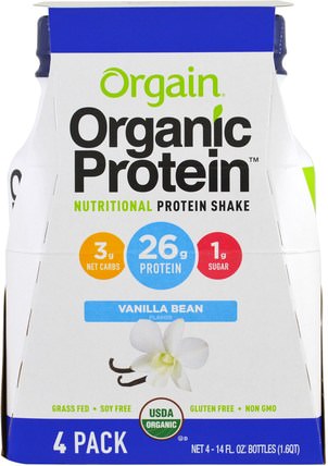 Organic Protein Nutritional Protein Shake, Vanilla Bean Flavor, 4 Pack, 14 fl oz (414 ml) Each by Orgain, 補充劑，蛋白質飲料 HK 香港