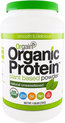 Organic Protein Plant Based Powder, Natural Unsweetened, 1.59 lbs (720 g) by Orgain, 補充劑，蛋白質或蛋白粉 HK 香港