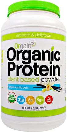 Organic Protein Plant Based Powder, Sweet Vanilla Bean, 2.03 lbs (920 g) by Orgain, 補充劑，蛋白質或蛋白粉 HK 香港