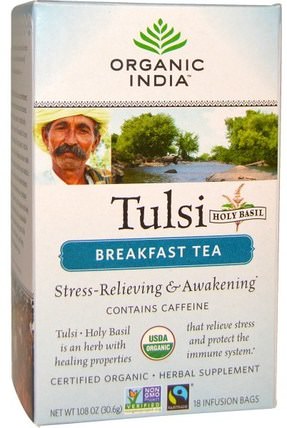 Tulsi, Holy Basil, Breakfast Tea, 18 Infusion Bags, 1.08 oz (30.6 g) by Organic India, 食物，涼茶，tulsi茶，補充劑，adaptogen HK 香港