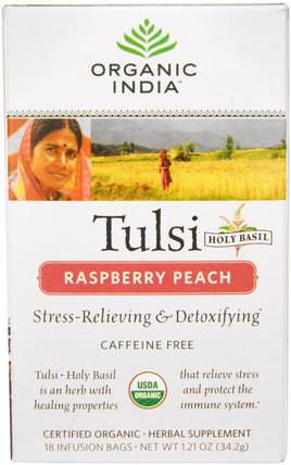 Tulsi Holy Basil, Raspberry Peach, Caffeine Free, 18 Infusion Bags, 1.21 oz (34.2 g) by Organic India, 食物，涼茶，tulsi茶，補充劑，adaptogen HK 香港
