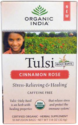 Tulsi Holy Basil Tea, Cinnamon Rose, Caffeine-Free, 18 Infusion Bags, 1.14 oz (32.4 g) by Organic India, 食物，涼茶，tulsi茶，補充劑，adaptogen HK 香港