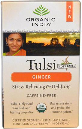 Tulsi Holy Basil Tea, Ginger, Caffeine-Free, 18 Infusion Bags, 1.14 oz (32.4 g) by Organic India, 食物，涼茶，tulsi茶，補充劑，adaptogen HK 香港
